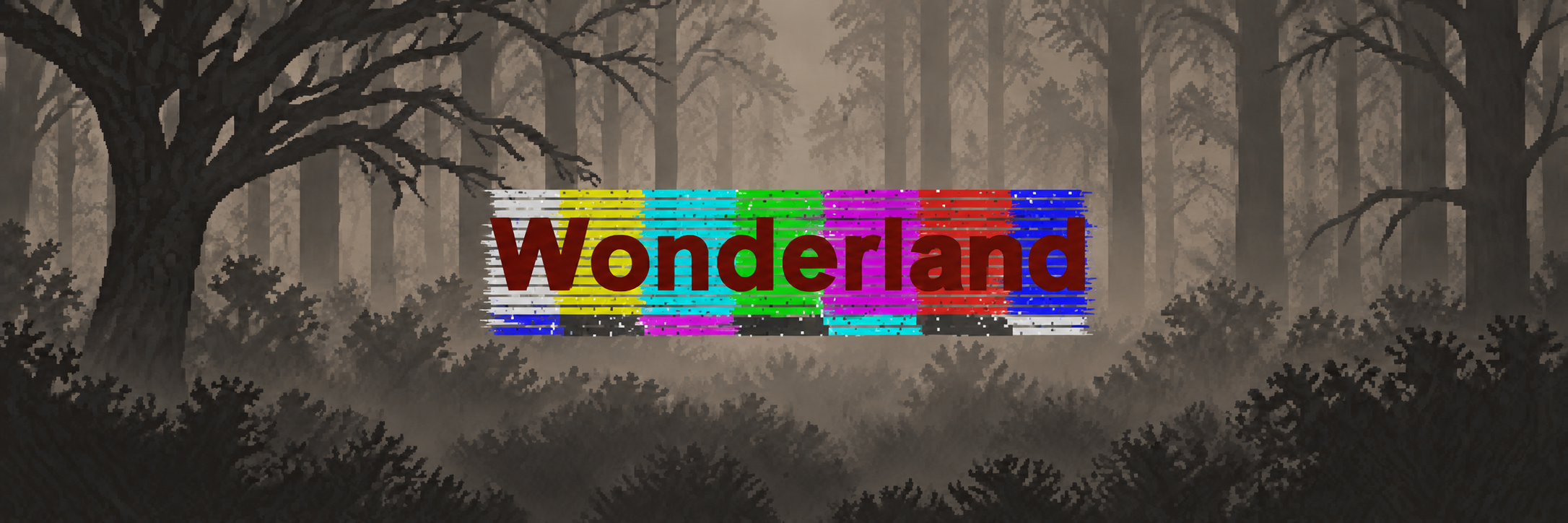 Wonderland：雾中森林、彩条故障与暗红标题